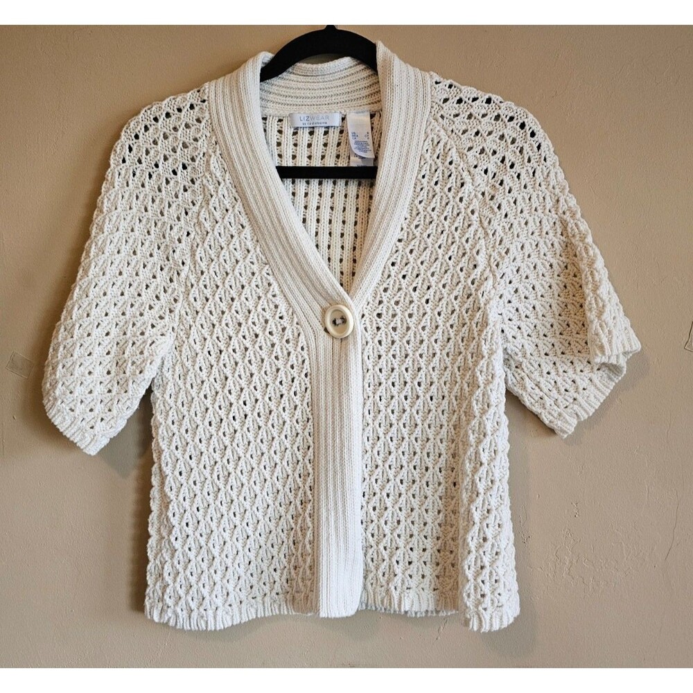 Liz Wear Women Sweater small off white Cardigan Birdseye Cotton Blend Casual